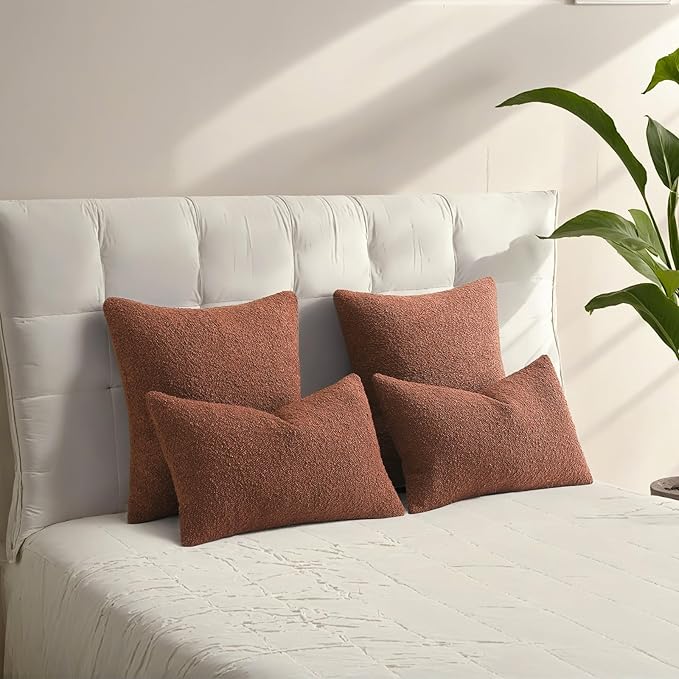 HAUSSY Set of 2 16x16 Decorative Throw Pillow Covers, Soft Cozy Textured Boucle Couch Cases, Home Decor for Couch Bed Living Room, Rust