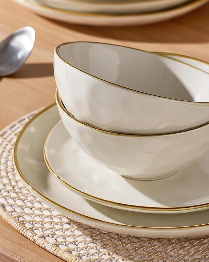 Famiware Dinnerware Sets for 4, Ocean Round 12-Piece Kitchen Plates and Bowls Sets, Microwave and Dishwasher Safe, Scratch Resistant, Vanilla White