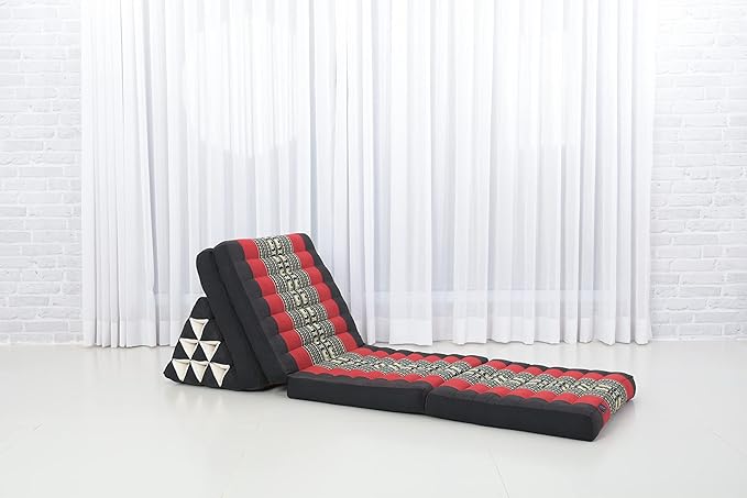 Leewadee Comfortable Japanese Floor Mattress - Thai Floor Bed with Triangle Cushion - Futon Mattress - XL Extra Long Thai Massage Mat, 89 x 20 inches, Black Red, Kapok Filling