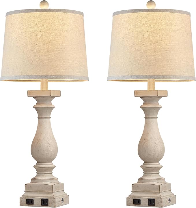 28" Tall Farmhouse Table Lamps Set of 2 with USB C+A Ports and AC Outlet, 3 Way Touch Control Rustic Bedside Lamp for Bedroom, Beige Vintage Nightstand Lamp for Living Room Office