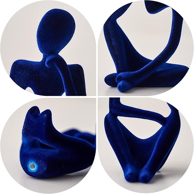 FJS Living Room Decor: Flocked Thinker Statue, 4.7" H Navy Blue Abstract Art Sculpture - Set of 3 for Home, Office, Shelf, Table Decoration