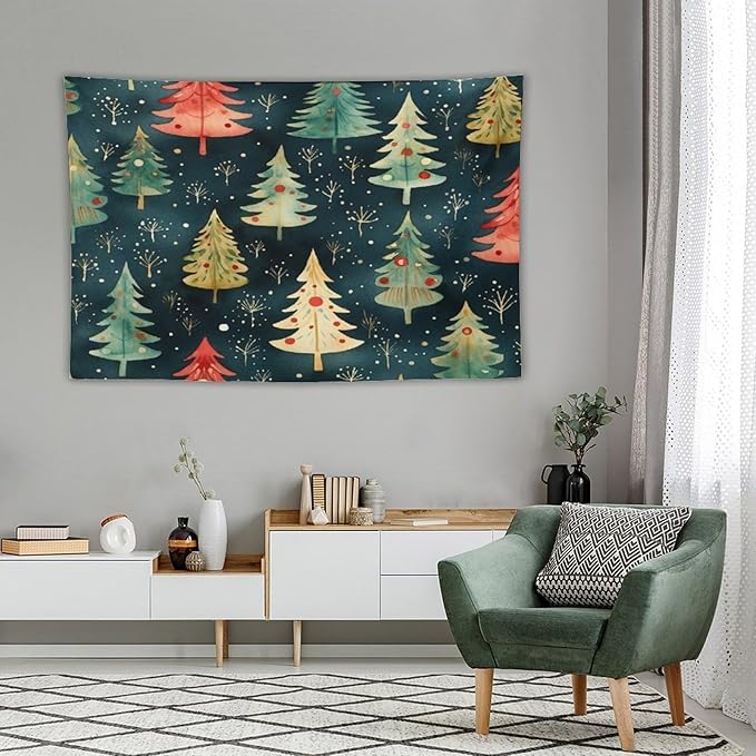 Vintage Christmas Tree Watercolor Tapestry Wall Hanging Vintage Christmas Wall Hanging Wall Tapestry Aesthetic Tapestry for Bedroom Colorful Wall Hanging Aesthetic Wall Art For Room Decor 60"x90"