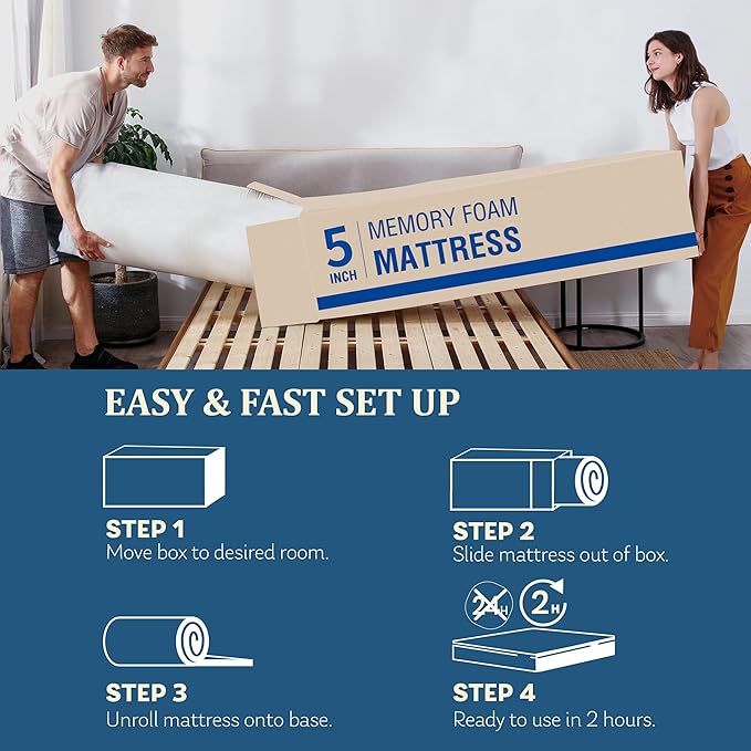 EGO White 5 Inch Twin Memory Foam, Gel Green Tea Bed in a Box, CertiPUR-US Certified, Kids Mattress for Bunk Bed, 36"×73", Medium Firm