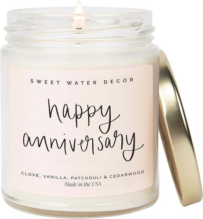 Sweet Water Decor Happy Anniversary Candle - Scented Candle for Home - 9oz Clear Jar with 40 Hour Burn Time, Made in USA - Anniversary Gifts for Him or Her, Milestone Anniversary Gifts