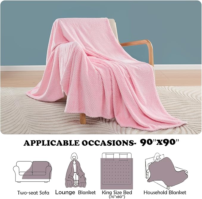 NEWCOSPLAY Super Soft Queen Blanket Pink Premium Silky Flannel Fleece Leaves Pattern Lightweight Bed Blanket All Season Use (Pink, Queen(90"x90"))