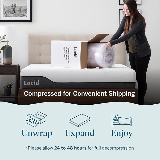 LUCID 4 Inch Lavender Infused Memory Foam Mattress Topper, California King Size – Ventilated Design – Pressure Relieving Bed Topper - Mattress Pad – CertiPur Certified