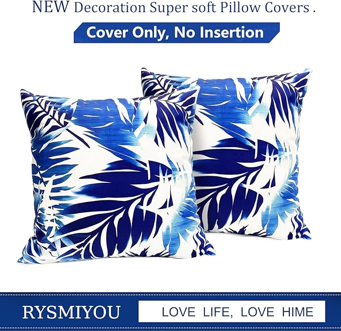 Decorative Throw Pillow Covers Set of 2 Blue Leaves of Tropical Pillow Covers 20x20 inch Soft Short Plush Square Throw Pillows,Farmhouse Outdoor Pillow Covers for Couch Sofa Living Room