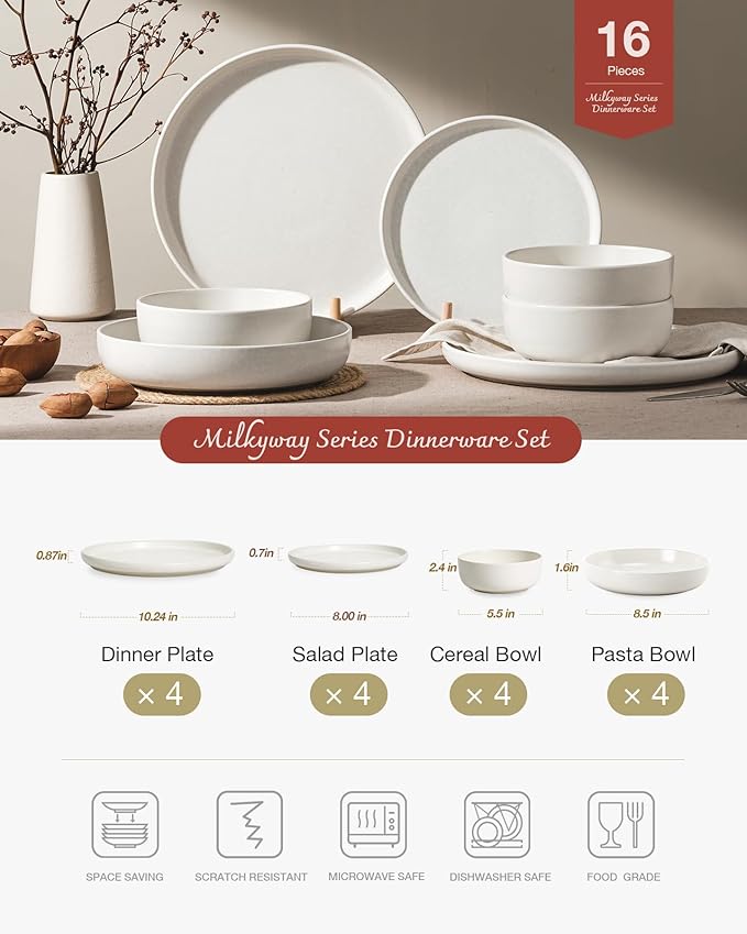 Famiware Milkyway Stoneware Dinnerware Sets with Pasta Bowls, Service for 4 (16 Pieces), Reactive Glaze Plates and Bowls Sets, Microwave and Dishwasher Safe Dishes Set, Matte White