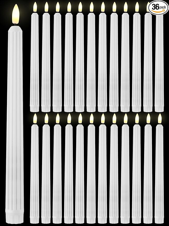 Treela 36 Pieces Flameless Taper Candles 11 Inch Flickering Faux LED Battery Operated Electric Fake Candles for Christmas Halloween Birthday Wedding Party(White,Roman Column)