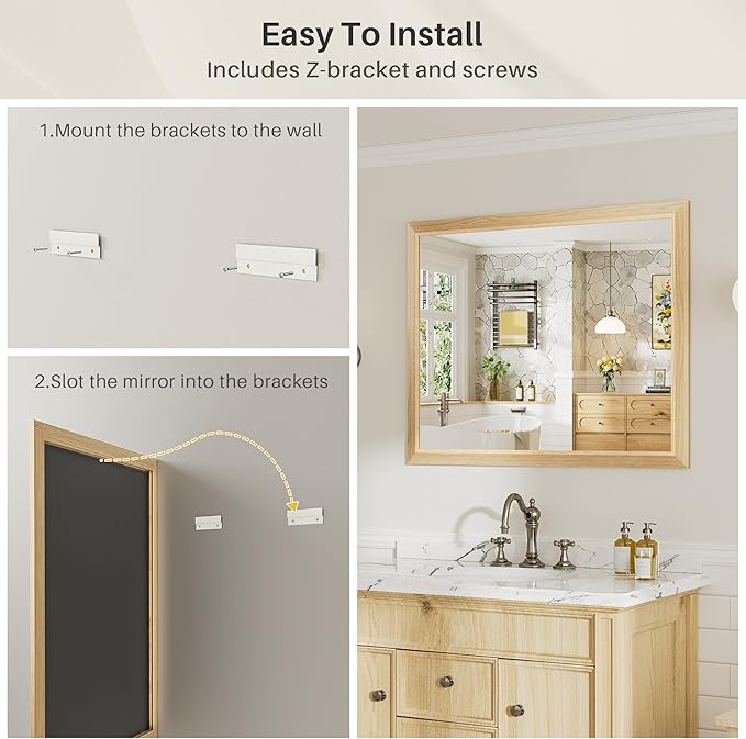 55x30 Inch Bathroom Mirror for Wall, Anti-Rust Oak Wood Grain Metal Framed Bathroom Mirrors for Over Sink,Rectangler Mirrors for Bathroom Vanity, Farmhouse, Bedroom, Living Room, Entryway Decor
