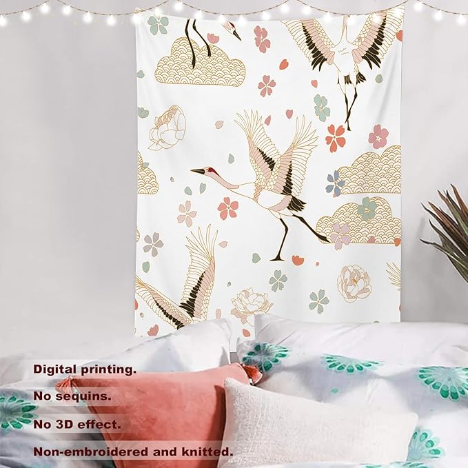 Batmerry White and Gold Japanese Tapestry,Rustic Wall Art Hanging Decoration Polyester Fiber White Ruffled Around for Dorm Room Bedroom Living Room, 82.7x59.1 inches