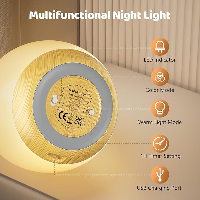 MediAcous Night Lights for Kids Room, Baby Night Light with 7 Colors Changing & Dimming Function, Rechargeable Kids Night Light with 1 Hour Timer & Touch Control, Up to 100H, Wood Grain