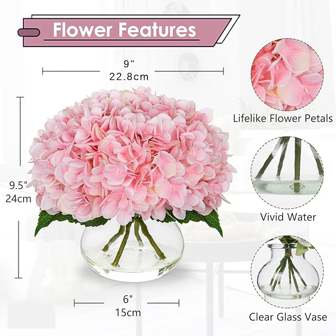 Hollyone Hydrangea Artificial Flowers with Glass Vase Pink Silk Faux Flowers Arrangements with Clear Faux Water Fake Floral Bulk Bouquet for Home Decor Table Centerpiece Decorations