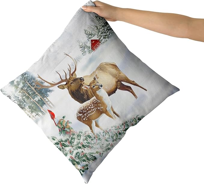 Giwawa Winter Deer Pillow Covers Set of 2, Farmhouse Elk Reindeer Wildlife Cotton Pillow Cases, 20"x20" Xmas Tree Snow Cottage Throw Cushion Covers for Sofa Couch Bedroom Indoor Outdoor Decor