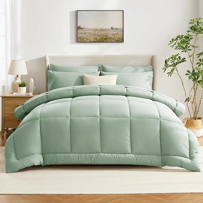 CozyLux Full Size Comforter Sets Sage Green, 7 Pieces Bed in a Bag, Green Comforter Full Size, All Season Bedding Sets with Stitch Quilted Comforter, Flat Sheet, Fitted Sheet, Pillowcases