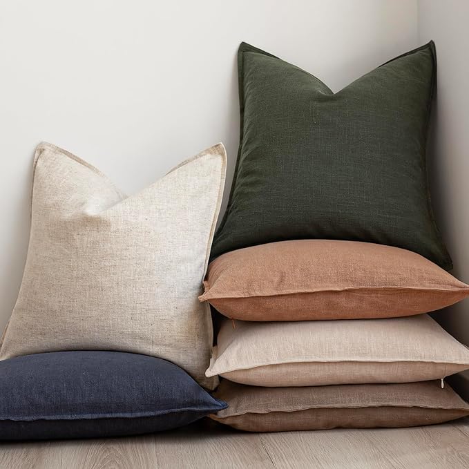 Foindtower Pack of 2, Decorative Linen Solid Throw Pillow Covers Soft Accent Cushion Case Farmhouse Neutral Pillowcase for Chair Couch Sofa Bedroom Living Room Home Decor 26 x 26 Inch Dark Olive Green