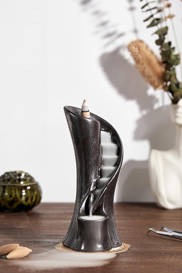 Unique Cloud Stairs Ceramic Waterfall Incense Holder, Paired with a Pack of Backflow Incense Cones. (Metallic)