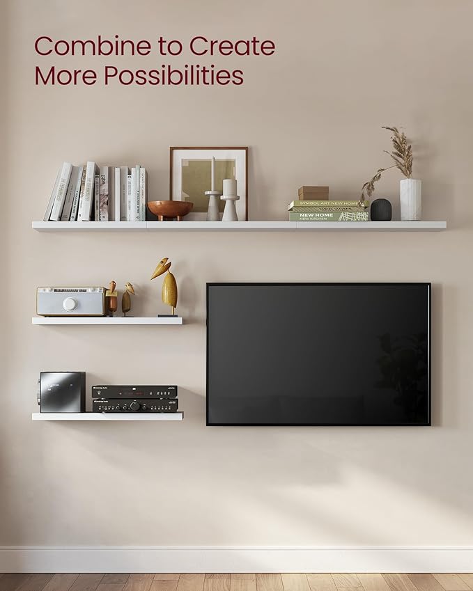 VASAGLE Wall Shelves Set of 2, Floating Shelves, 8 x 23.6 x 1.5 Inches, Display Shelves for Picture Frames, Decor, Hanging Shelf for Living Room, Kitchen, White ULWS056W01