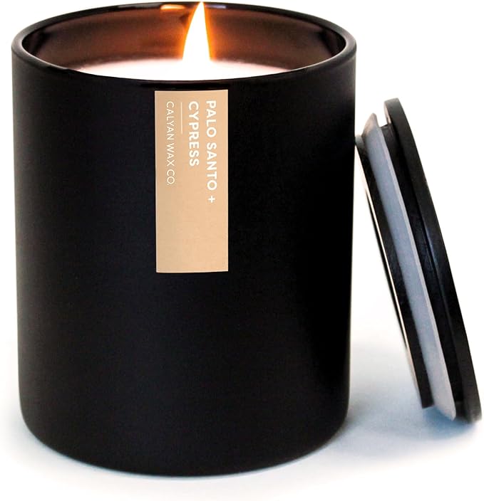 Calyan Wax Co. Soy Wax Candle, Palo Santo + Cypress Scented Candle, 75 Hour Burn Time, Aromatherapy Soy Candles, Non Toxic & Vegan Soy Wax, Black Tumbler Scented Candles, 10.2oz