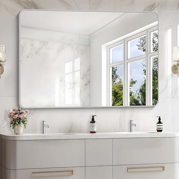 55x36 Inch Silver Bathroom Mirror, Large Rectangular Vanity Mirror, Metal Framed Rectangle Mirror, Rounded Corner Wall Mounted Mirrors for Living Room Bedroom Entryway Horizontal or Vertical