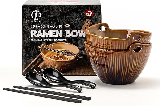 Ramen Bowl with Chopsticks and Spoons Set, 7 Inch Ceramic Noodle Bowl Set of 2, Dishwasher Safe for Pho Udon Soba Noodle Salad Pasta, Special Reactive Glazed Brown Bowls Set