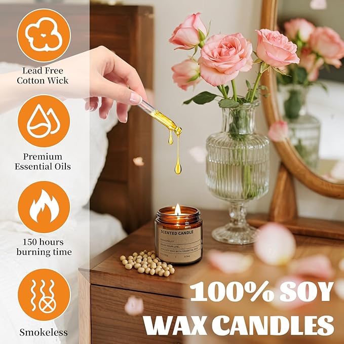 6 Pack Scented Candles Gifts for Women,3.5 Oz Amber Candles Set, 150 Hours Long Burning Soy Wax Candles Jar Aromatherapy Candles for Stress Relief, Birthdays, Weddings, Christmas Gifts, Yoga, Bath