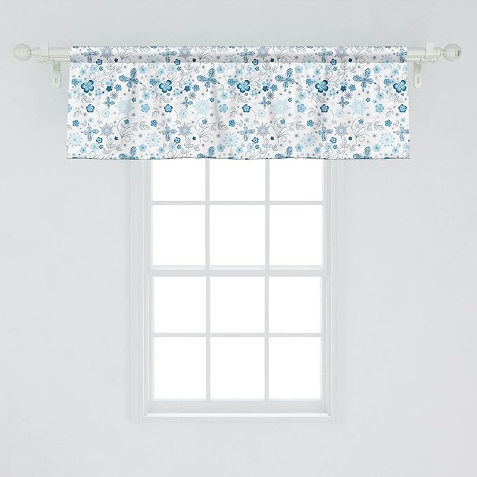 Lunarable Flower Window Valance Pack of 2, Snowflakes Flowers and Butterflies Christmas Snowy Wintertime Stylization, Rod Pocket Curtain Valances for Kitchen Bedroom, 54" X 18", White and Black