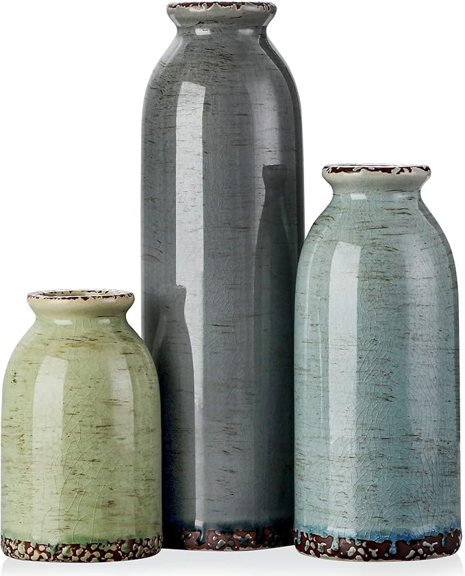 CWLWGO-Ceramic Vase Set of 3, Small Vases for Modern Farmhouse Decoration, Living Room Accents & Dining Table Centerpieces,Idea Bookshelf Décor, Mantel and Entrance Decorations -Multicolor.