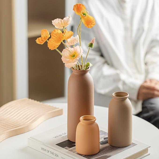 Ceramic Vase Set-3, Small Flower Vases for Decor, Modern Boho Farmhouse Style, Decorative Vases for Pampas Grass & Dried Flowers, Distressed Finish (Earth Tone)