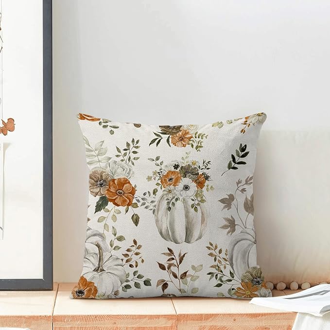 Fall Pillow Covers 20 x 20 Inch, Watercolor Grey Pumpkin Floral Leaf Decor Throw Pillows for Home Couch Bed, Autumn Harvest Thanksgiving Decorative Pillowcase Linen Cushion Cover Set of 2