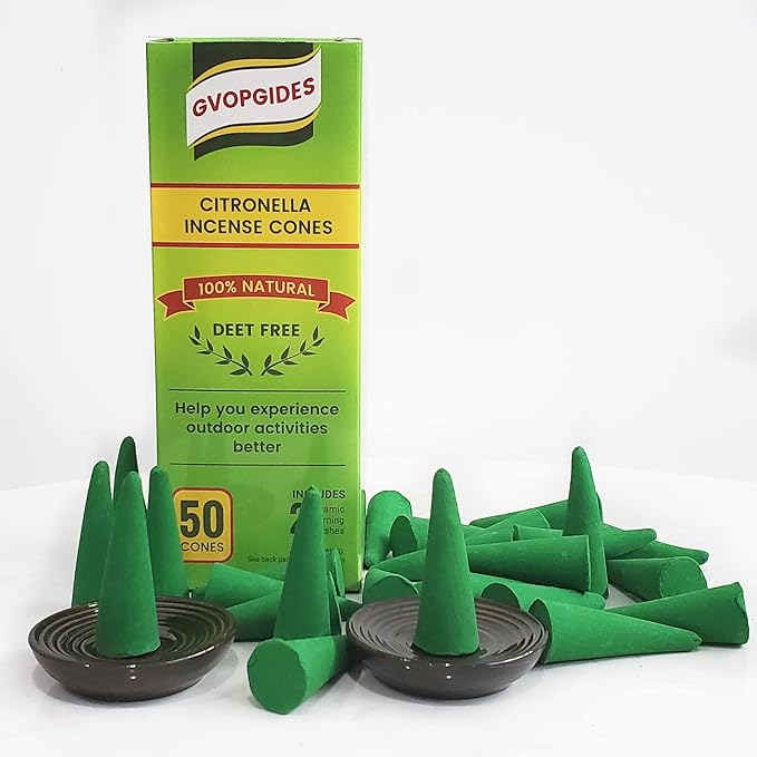 Citronella Incense Cones (50 Cones) with 2 Ceramic Dishes, 30 Min Burn Time, Plant Based Ingredients