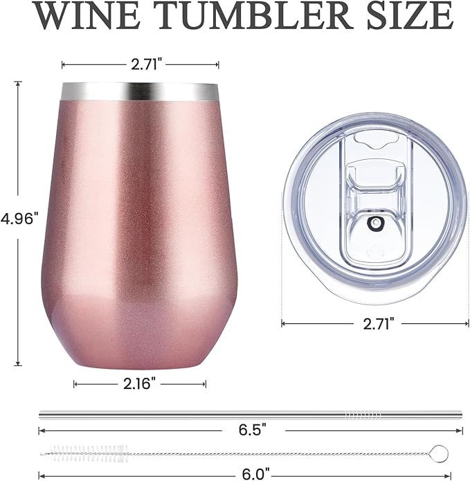 MEWAY Stainless Steel Wine Tumbler with Lid and Straw 12oz - Stemless Insulated Wine Cup Glasses for Coffee,Cocktails,Drinks,Champagne, and Office Use, Ideal for Parties and Gifts(Rose Gold. Set of 4)