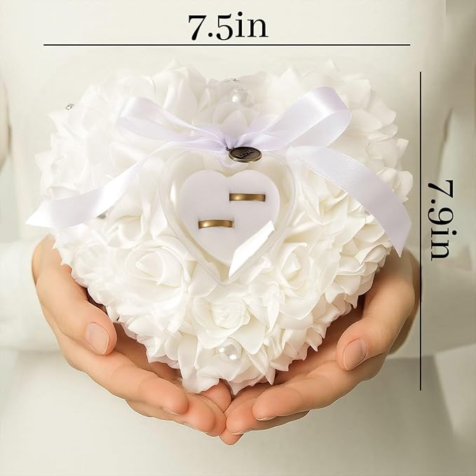 HONEYGIFTS Wedding Ring Pillow, Irovy Ring Bearer Holder Pillows Heart Shape Rose Lace Cushion for Wedding Party Anniversary Ceromony