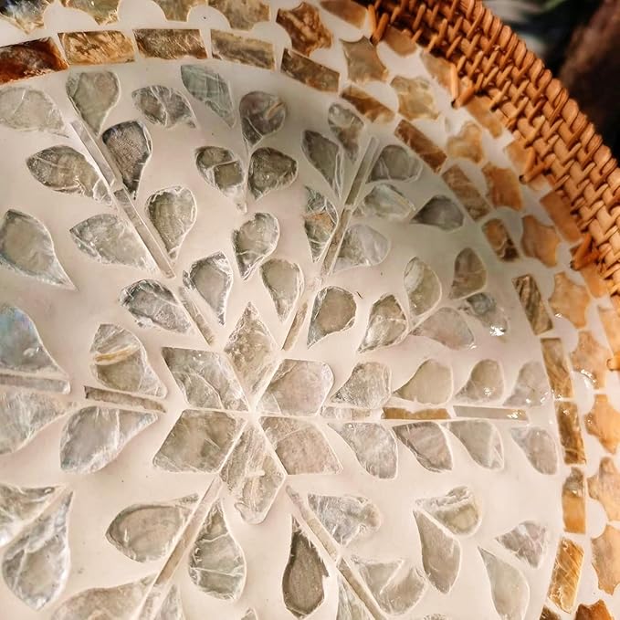 i-lan 16 Inch Rattan Round Serving Tray with Beige MOP Wooden Base, Extra Large Wicker Ottoman Serving Platter with 1”Side, Woven Basket Plates for Home Décor, Coffee Table, Display