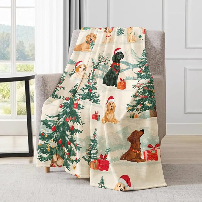 Cute Christmas Dog Blanket - Festive Labrador Puppy Santa Hat Fleece Throw,Gifts for Kids Adult, Soft & Warm,Lightweight, for Holiday Decor,Winter Celebration, and Room Home Accents 50x60in
