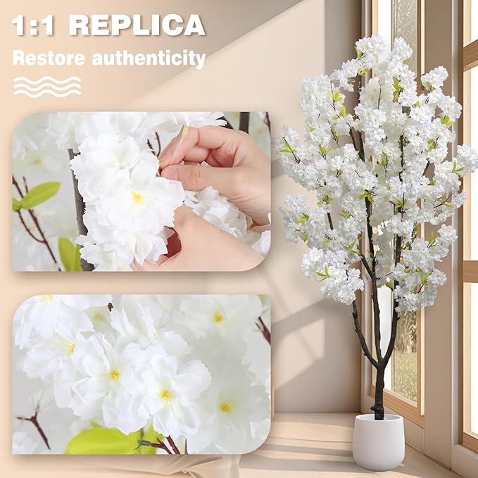Faux White Cherry Blossom 6ft(72in) Artificial Floor Plant for Indoor Decor Natural Potted Tree with Texture Flowers and Realistic Wood Trunk for Home Living Room,Office Perfect Housewarming Gift