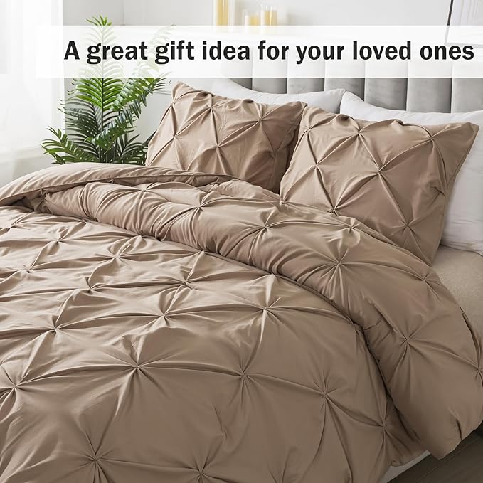Andency Taupe Comforter Twin(66x90Inch), 2 Pieces(1 Pintuck Comforter, 1 Pillowcase) Microfiber Pinch Pleat Comforter Set Twin Size, Lightweight and Soft Bedding Comforter Set