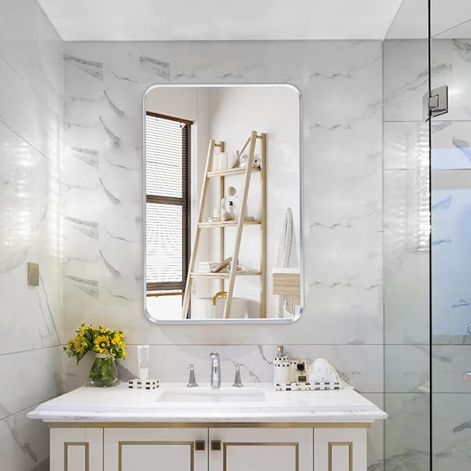 Wall Mount Mirror for Bathroom, Brushed Silver Metal Framed Rounded Corner Rectangular Vanity Mirror (24" x 36", Silver)