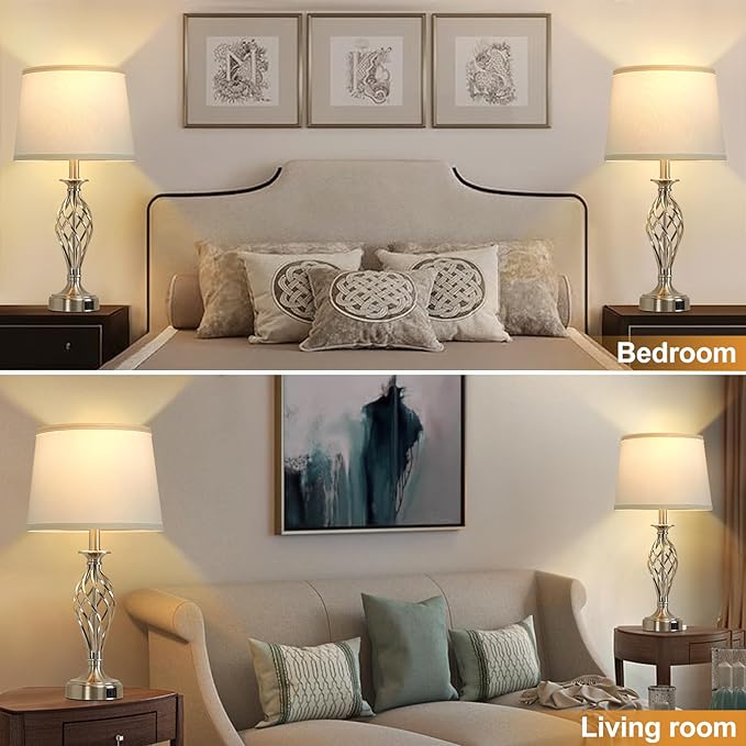 Table Lamp for Bedroom Set of 2 with USB C+A Ports, Modern Bedside Lamps with Spiral Cage Base, White Fabric Shade, Nightstand Lamp for Living Room Reading Bed Side End Table, 2 LED Bulbs Included