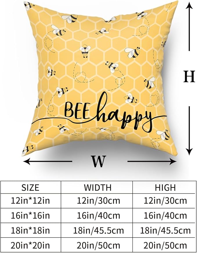 Giwawa Summer Pillow Covers Set of 2-20x20inch Bee Happy Decorative Square Pillowcases - Yellow Honeycomb Farmhouse Throw Cushion Cover for Sofa Couch Indoor Outdoor Living Room