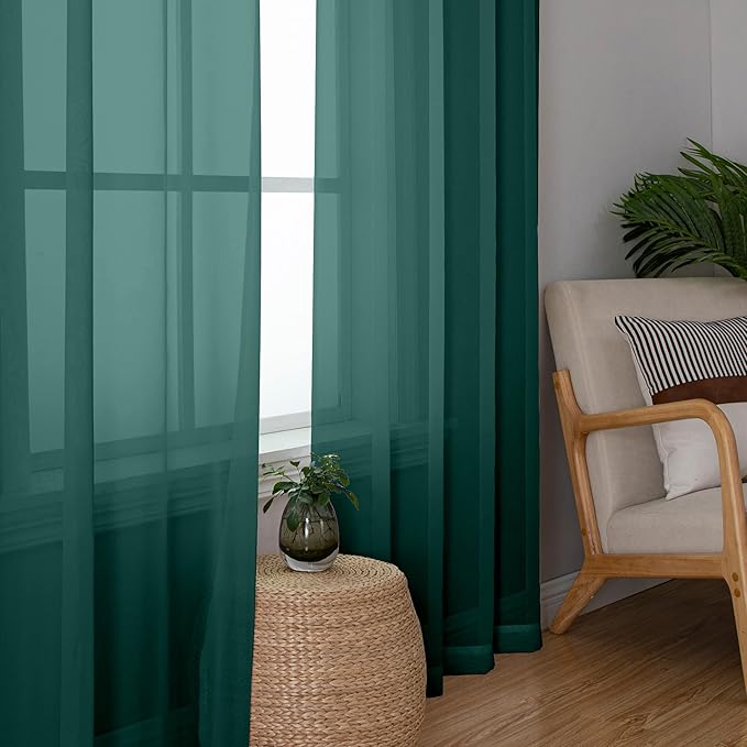 Aiyufeng Hunter Green Sheer Curtain Drapes 96 Inch Length 2 Panels for Living Room, Light Filtering Voile Green Drapes for Bedroom, Patio, Sliding Door, Each 42" W x 96" L