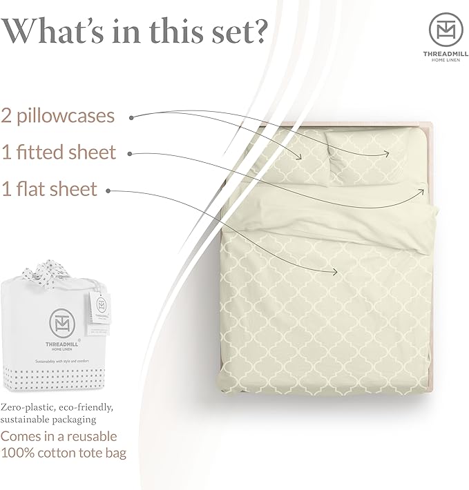 Threadmill 100% Cotton Sheets for King Size Bed | 4 Pc King Bed Sheets Set | Soft, Breathable Lightweight Damask Sateen for All-Season Use | Snug Fit Elastic Deep Pocket King Sheets | Ivory