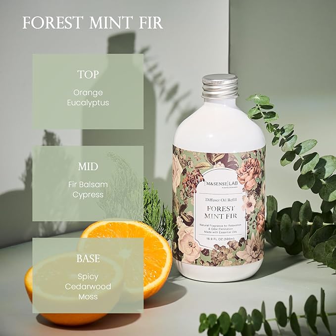 M&SENSE Reed Diffuser Oil Refill, 16.9 Fl Oz with 10 Hollow Reed Sticks, Forest Mint Fir Scent Home Fragrance, Scented Oil Refills, Natural Essential Oils for Diffusers, Décor for Home Spa Office