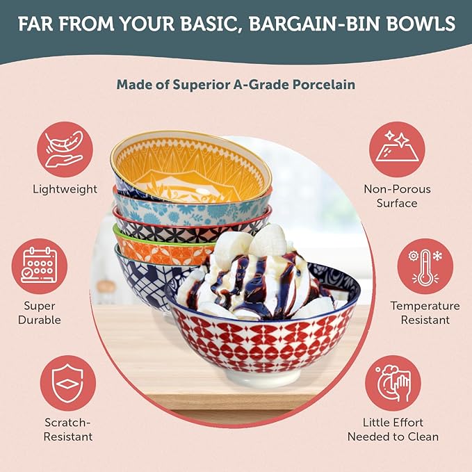 Annovero 10 Oz Ice Cream Bowls - Small Bowl for Serving Dips, Snack, Dessert, Side Dish - Colorful Decorative Porcelain for Kitchen - Microwave, Dishwasher, Oven Safe - Zero Lead & Cadmium, Set of 6