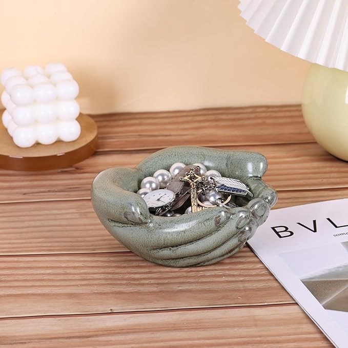 Ceramic Hands Bowl Dish Sculpture, Giving Hands Candy Holder for Succulent Planter, Crystal Rock Holder, Office, Keys Bowl for Entryway Table (Vintage Green)