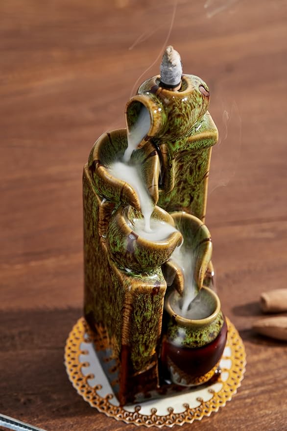 Unique Cascading Basins Ceramic Waterfall Incense Holder, Paired with a Pack of Backflow Incense Cones. (Fambe Green)