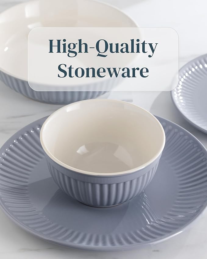 Stoneware Dinnerware Set for 8 People HYGGE 24-Piece - Elegant Scandi Design - Premium Dish Set - Bowl and Plate Set - Tableware for 8 People in a Ribbed Design - Pure Living in Gray-Blue
