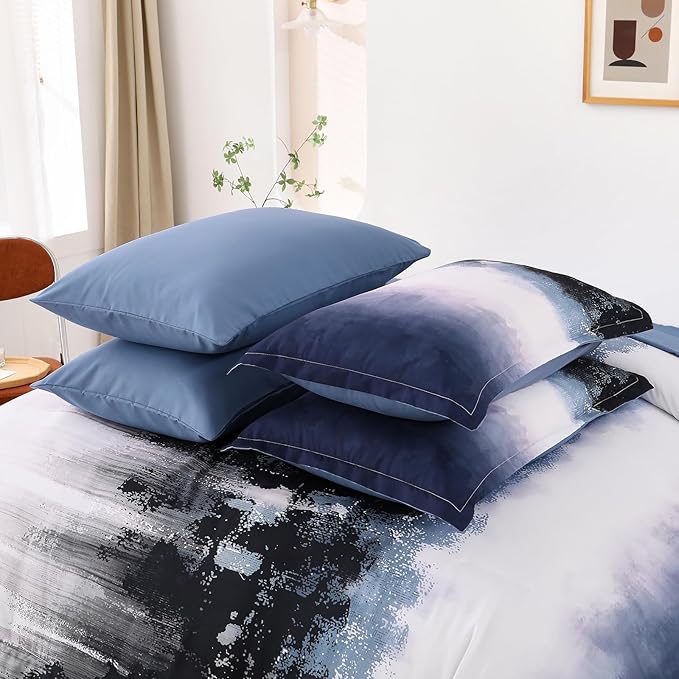 Dinjoy Ombre Blue Comforter Set Queen Size Gradient Navy Blue Black Boho Bedding Set for Teen Men Women 7 Pieces Bed in A Bag Bohemian Bed Set with Comforter, Sheets, Pillowcases & Shams