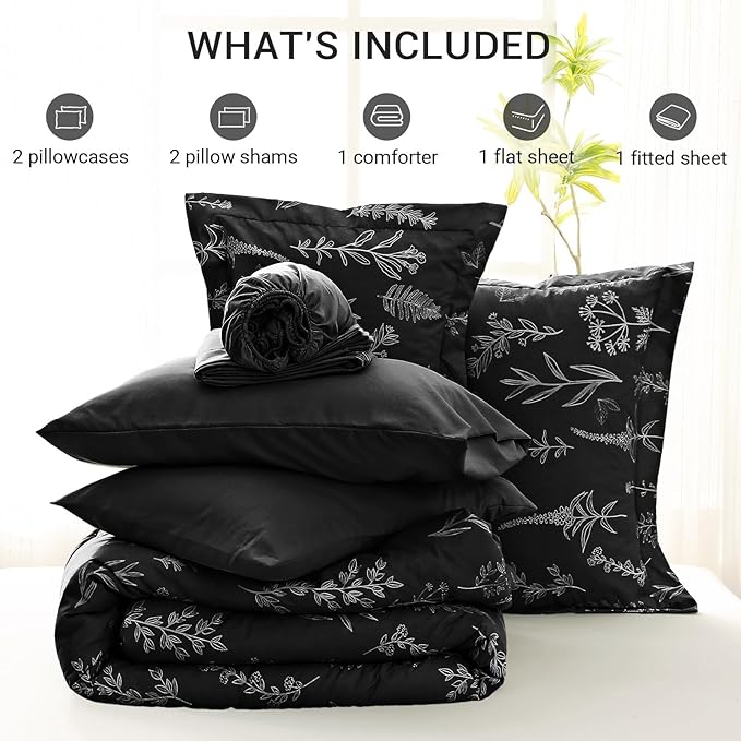 MUXHOMO Black King Comforter Set, Elegant Floral Print Bed in a Bag 7 Pieces, Ultra Soft & Breathable Reversible Botanical Pattern Bedding Set with Comforter, Sheets, Pillowcases, and Shams