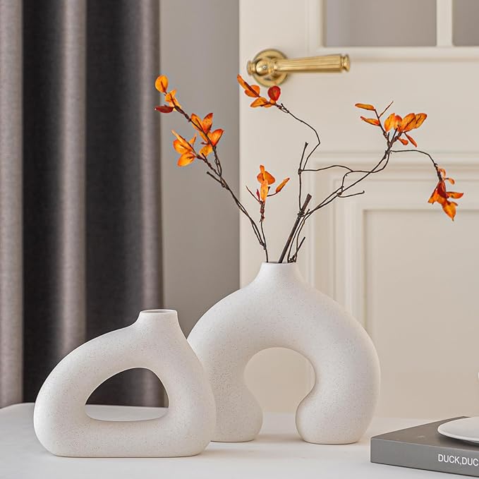 White Ceramic Vase Set of 2 for Modern Home Decor, Round Matte Donut Vases for Pampas Grass, Boho Nordic Minimalism Style Modern Flower Vases for Living Room Table Bookshelf Office Bedroom